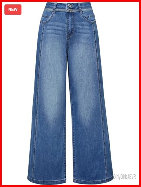 Denim - Cotton Blend High Rise Wide Leg Stretchy Denim Jeans with Contrast Seams